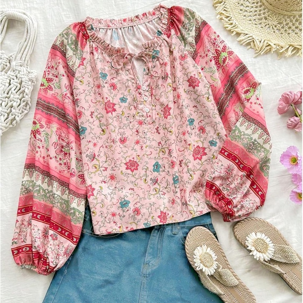 Chic Nation Pink and Red Floral Blouse